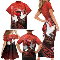 Hawaii and Japan Together Family Matching Short Sleeve Bodycon Dress and Hawaiian Shirt Polynesian Art Tattoo With Cranes And Sakura - Polynesian Pride