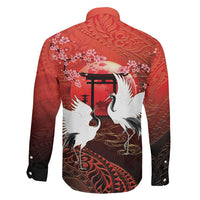 Hawaii and Japan Together Family Matching Short Sleeve Bodycon Dress and Hawaiian Shirt Polynesian Art Tattoo With Cranes And Sakura LT05 - Polynesian Pride