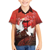 Hawaii and Japan Together Family Matching Short Sleeve Bodycon Dress and Hawaiian Shirt Polynesian Art Tattoo With Cranes And Sakura LT05 Son's Shirt Red - Polynesian Pride