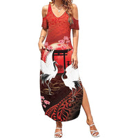 Hawaii and Japan Together Family Matching Summer Maxi Dress and Hawaiian Shirt Polynesian Art Tattoo With Cranes And Sakura LT05 Mom's Dress Red - Polynesian Pride