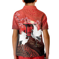 Hawaii and Japan Together Kid Polo Shirt Polynesian Art Tattoo With Cranes And Sakura LT05 - Polynesian Pride