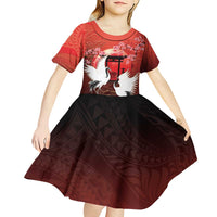 Hawaii and Japan Together Kid Short Sleeve Dress Polynesian Art Tattoo With Cranes And Sakura - Polynesian Pride