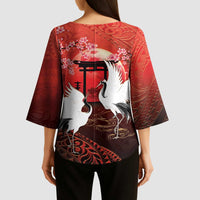 Hawaii and Japan Together Kimono Sleeve Blouse Polynesian Art Tattoo With Cranes And Sakura - Polynesian Pride