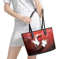 Hawaii and Japan Together Leather Tote Bag Polynesian Art Tattoo With Cranes And Sakura - Polynesian Pride