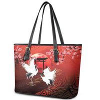 Hawaii and Japan Together Leather Tote Bag Polynesian Art Tattoo With Cranes And Sakura - Polynesian Pride