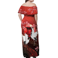 Hawaii and Japan Together Off Shoulder Maxi Dress Polynesian Art Tattoo With Cranes And Sakura - Polynesian Pride
