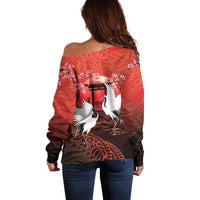 Hawaii and Japan Together Off Shoulder Sweater Polynesian Art Tattoo With Cranes And Sakura - Polynesian Pride