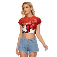 Hawaii and Japan Together Raglan Cropped T Shirt Polynesian Art Tattoo With Cranes And Sakura - Polynesian Pride