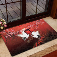 Hawaii and Japan Together Rubber Doormat Polynesian Art Tattoo With Cranes And Sakura - Polynesian Pride