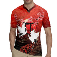 Hawaii and Japan Together Rugby Jersey Polynesian Art Tattoo With Cranes And Sakura - Polynesian Pride