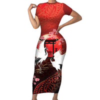 Hawaii and Japan Together Short Sleeve Bodycon Dress Polynesian Art Tattoo With Cranes And Sakura LT05 Long Dress Red - Polynesian Pride
