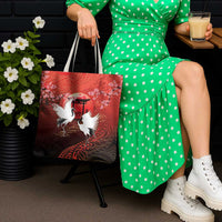 Hawaii and Japan Together Tote Bag Polynesian Art Tattoo With Cranes And Sakura - Polynesian Pride