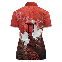 Hawaii and Japan Together Women Polo Shirt Polynesian Art Tattoo With Cranes And Sakura - Polynesian Pride