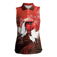 Hawaii and Japan Together Women Sleeveless Polo Shirt Polynesian Art Tattoo With Cranes And Sakura - Polynesian Pride