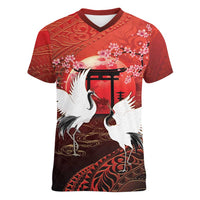 Hawaii and Japan Together Women V-Neck T-Shirt Polynesian Art Tattoo With Cranes And Sakura LT05 Female Red - Polynesian Pride