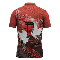 Hawaii and Japan Together Zipper Polo Shirt Polynesian Art Tattoo With Cranes And Sakura LT05 - Polynesian Pride