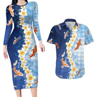 Hawaii And Japan Couples Matching Long Sleeve Bodycon Dress and Hawaiian Shirt Plumeria Lei With Koi Fish Blue - Polynesian Pride
