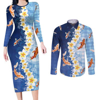 Hawaii And Japan Couples Matching Long Sleeve Bodycon Dress and Long Sleeve Button Shirt Plumeria Lei With Koi Fish Blue - Polynesian Pride