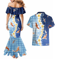 Hawaii And Japan Couples Matching Mermaid Dress and Hawaiian Shirt Plumeria Lei With Koi Fish Blue - Polynesian Pride