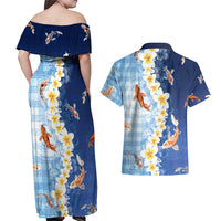 Hawaii And Japan Couples Matching Off Shoulder Maxi Dress and Hawaiian Shirt Plumeria Lei With Koi Fish Blue - Polynesian Pride