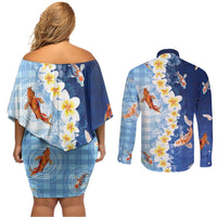 Hawaii And Japan Couples Matching Off Shoulder Short Dress and Long Sleeve Button Shirt Plumeria Lei With Koi Fish Blue - Polynesian Pride