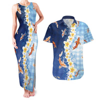 Hawaii And Japan Couples Matching Tank Maxi Dress and Hawaiian Shirt Plumeria Lei With Koi Fish Blue LT05 Blue - Polynesian Pride