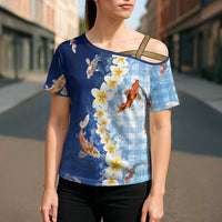 Hawaii And Japan Cross Shoulder Shirt Plumeria Lei With Koi Fish Blue - Polynesian Pride