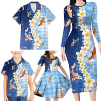 Hawaii And Japan Family Matching Long Sleeve Bodycon Dress and Hawaiian Shirt Plumeria Lei With Koi Fish Blue - Polynesian Pride