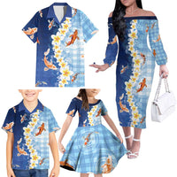 Hawaii And Japan Family Matching Off The Shoulder Long Sleeve Dress and Hawaiian Shirt Plumeria Lei With Koi Fish Blue LT05 - Polynesian Pride
