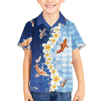 Hawaii And Japan Family Matching Off The Shoulder Long Sleeve Dress and Hawaiian Shirt Plumeria Lei With Koi Fish Blue LT05 Son's Shirt Blue - Polynesian Pride
