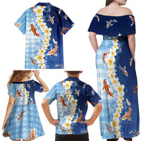 Hawaii And Japan Family Matching Off Shoulder Maxi Dress and Hawaiian Shirt Plumeria Lei With Koi Fish Blue LT05 - Polynesian Pride
