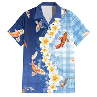 Hawaii And Japan Family Matching Off Shoulder Maxi Dress and Hawaiian Shirt Plumeria Lei With Koi Fish Blue LT05 Dad's Shirt - Short Sleeve Blue - Polynesian Pride