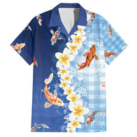 Hawaii And Japan Family Matching Off Shoulder Short Dress and Hawaiian Shirt Plumeria Lei With Koi Fish Blue - Polynesian Pride
