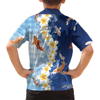 Hawaii And Japan Family Matching Short Sleeve Bodycon Dress and Hawaiian Shirt Plumeria Lei With Koi Fish Blue LT05 - Polynesian Pride