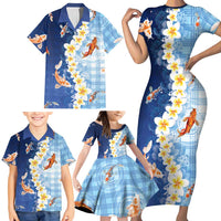 Hawaii And Japan Family Matching Short Sleeve Bodycon Dress and Hawaiian Shirt Plumeria Lei With Koi Fish Blue LT05 - Polynesian Pride