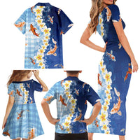 Hawaii And Japan Family Matching Short Sleeve Bodycon Dress and Hawaiian Shirt Plumeria Lei With Koi Fish Blue LT05 - Polynesian Pride