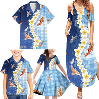 Hawaii And Japan Family Matching Summer Maxi Dress and Hawaiian Shirt Plumeria Lei With Koi Fish Blue - Polynesian Pride