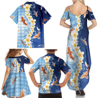 Hawaii And Japan Family Matching Summer Maxi Dress and Hawaiian Shirt Plumeria Lei With Koi Fish Blue LT05 - Polynesian Pride