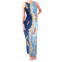 Hawaii And Japan Family Matching Tank Maxi Dress and Hawaiian Shirt Plumeria Lei With Koi Fish Blue LT05 Mom's Dress Blue - Polynesian Pride