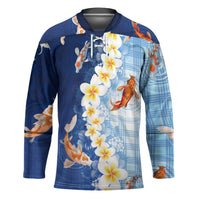 Hawaii And Japan Hockey Jersey Plumeria Lei With Koi Fish Blue - Polynesian Pride