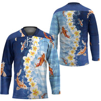 Hawaii And Japan Hockey Jersey Plumeria Lei With Koi Fish Blue - Polynesian Pride