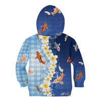 Hawaii And Japan Kid Hoodie Plumeria Lei With Koi Fish Blue - Polynesian Pride