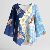Hawaii And Japan Kimono Sleeve Blouse Plumeria Lei With Koi Fish Blue - Polynesian Pride