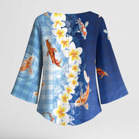 Hawaii And Japan Kimono Sleeve Blouse Plumeria Lei With Koi Fish Blue - Polynesian Pride
