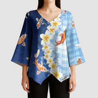 Hawaii And Japan Kimono Sleeve Blouse Plumeria Lei With Koi Fish Blue - Polynesian Pride