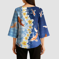 Hawaii And Japan Kimono Sleeve Blouse Plumeria Lei With Koi Fish Blue - Polynesian Pride