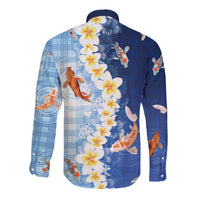 Hawaii And Japan Long Sleeve Button Shirt Plumeria Lei With Koi Fish Blue - Polynesian Pride
