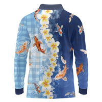 Hawaii And Japan Long Sleeve Polo Shirt Plumeria Lei With Koi Fish Blue - Polynesian Pride