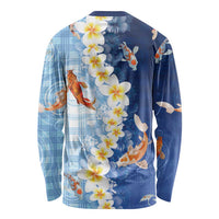Hawaii And Japan Long Sleeve Shirt Plumeria Lei With Koi Fish Blue - Polynesian Pride