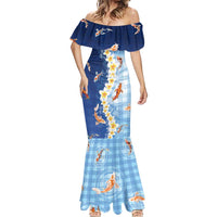 Hawaii And Japan Mermaid Dress Plumeria Lei With Koi Fish Blue - Polynesian Pride